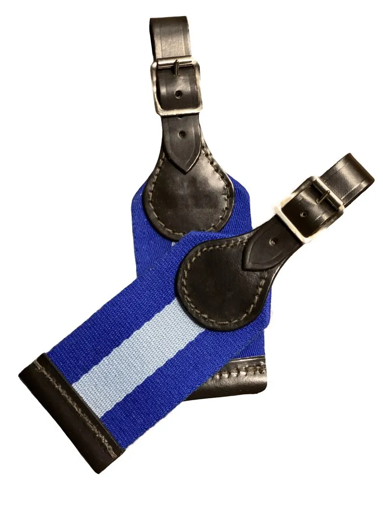Leather luggage tags. Dark Havana leather with blue webbing luggage labels.