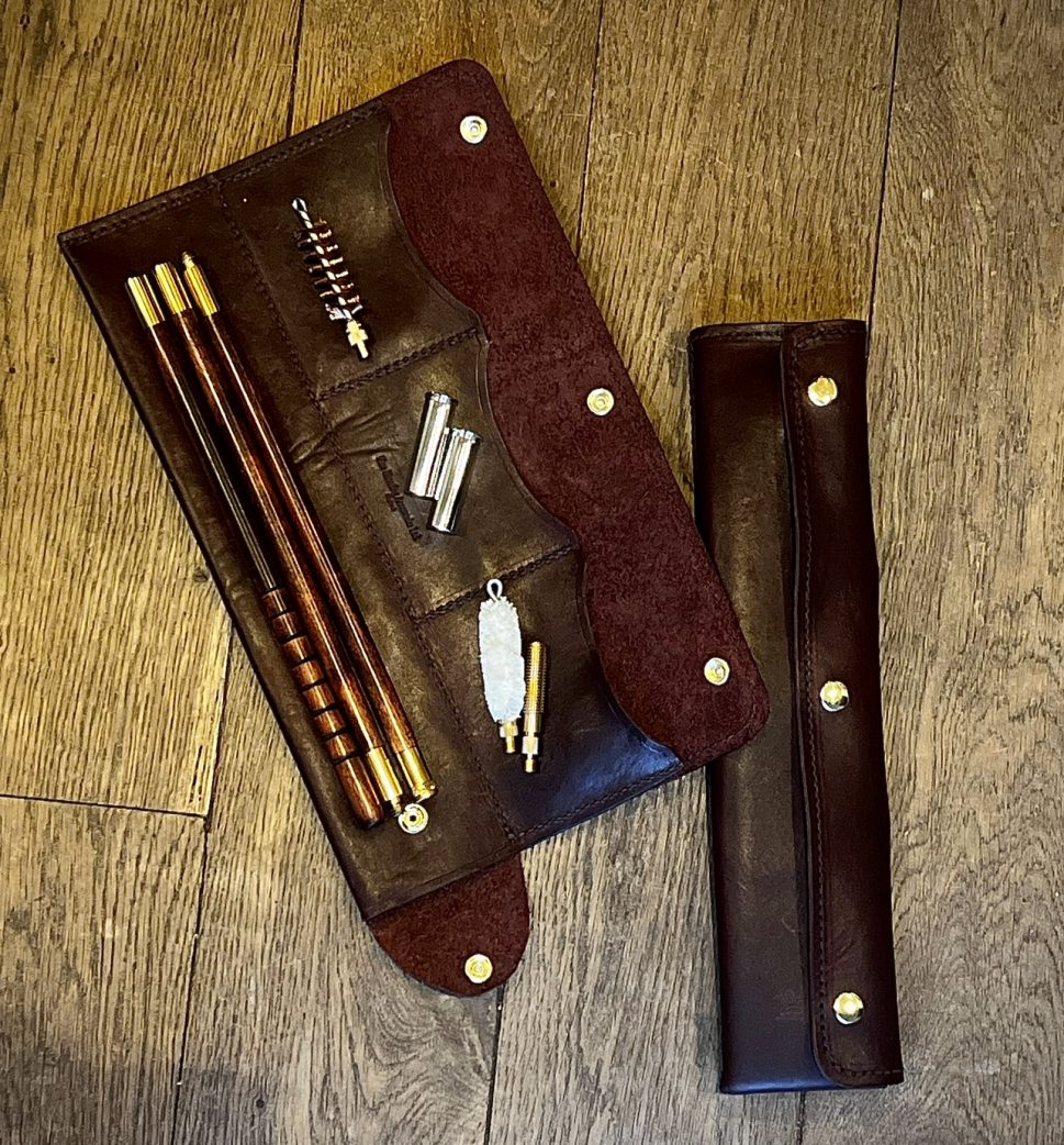 Shotgun Cleaning Kit in Oak Tanned Leather. Gun Cleaning kit includes rods, jag, mop, brush and snaps