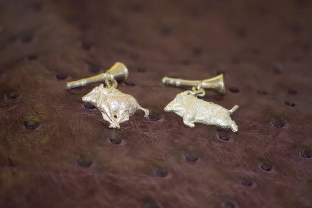 Wild Boar Cufflinks with French Hunting Horn