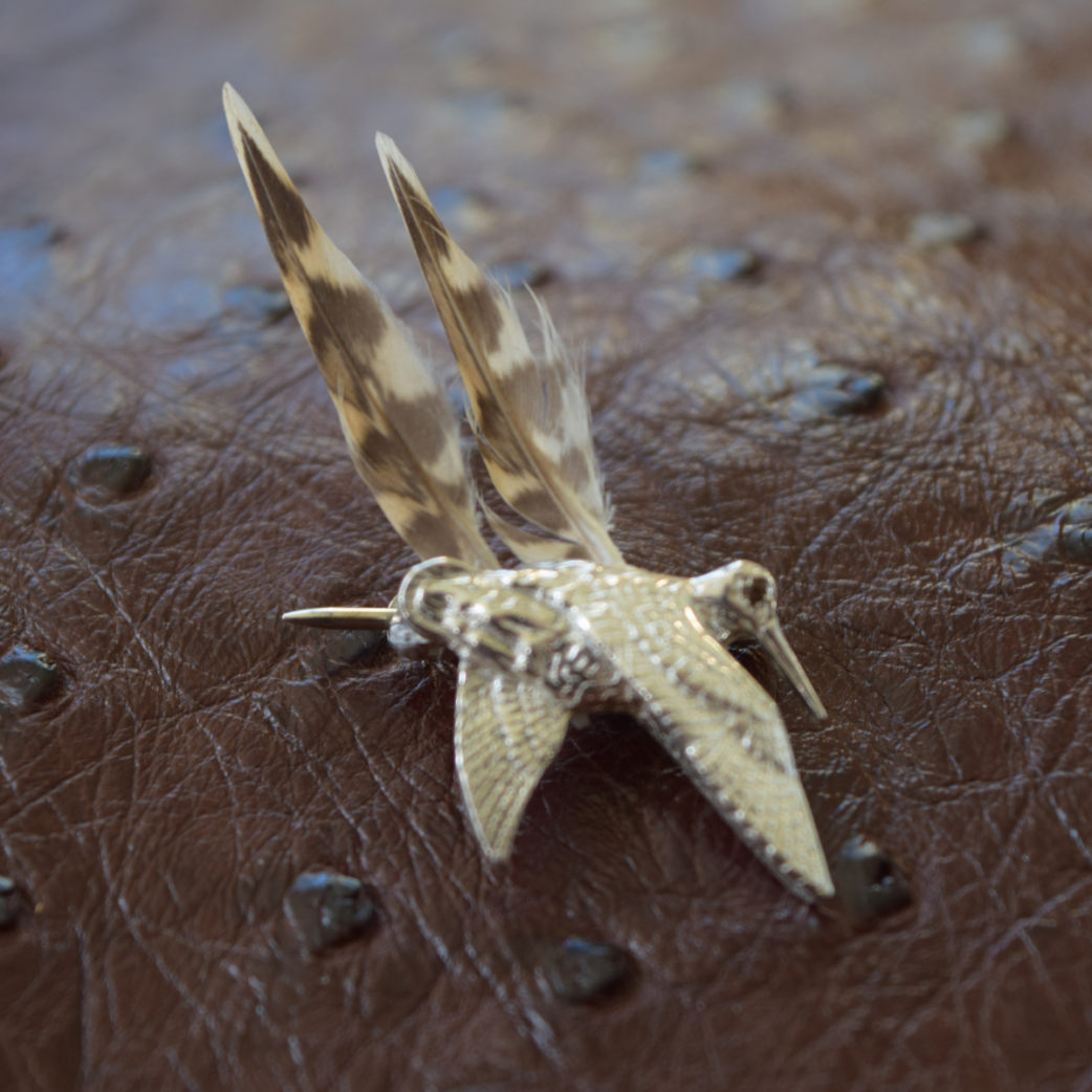 Woodcock In Flight Pewter Pin Brooch - British Artisan Signed Hunting Badge
