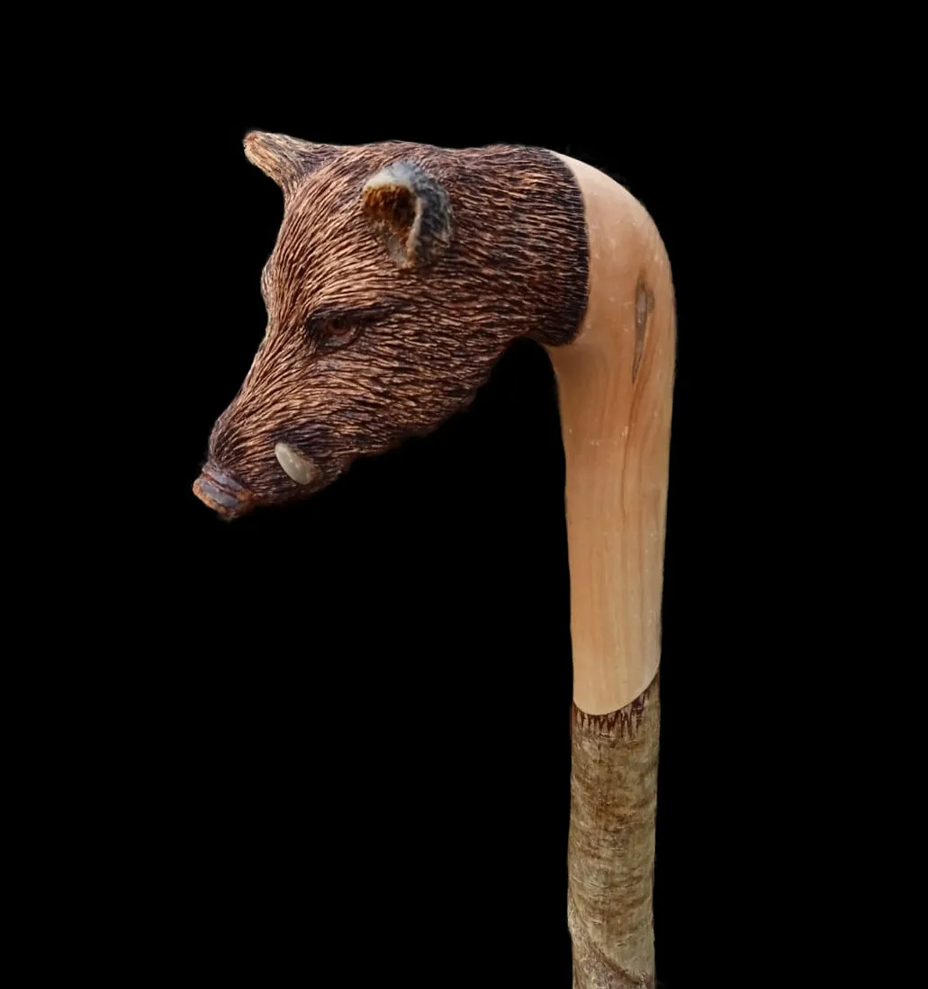 Hand Carved Shooting Stick - Wild Boar